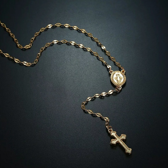 NEW Gold Tone Rosary lariat Cross Necklace - Picture 5 of 5